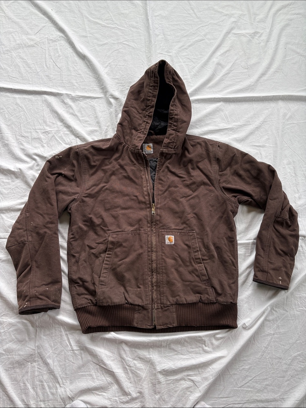 Carhartt Quilt Lined Brown Hooded Work Chore Jacket - Men's Rugged Canvas Zip-Up